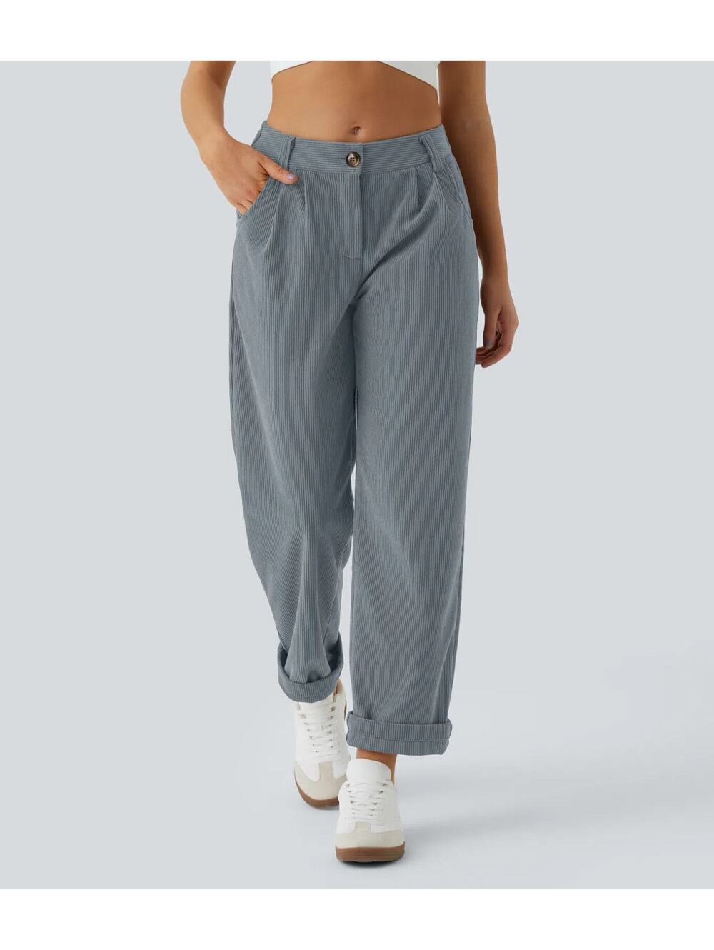 HALARA Mid Rise Zipper Pocket Corduroy Casual Pants- L Reg